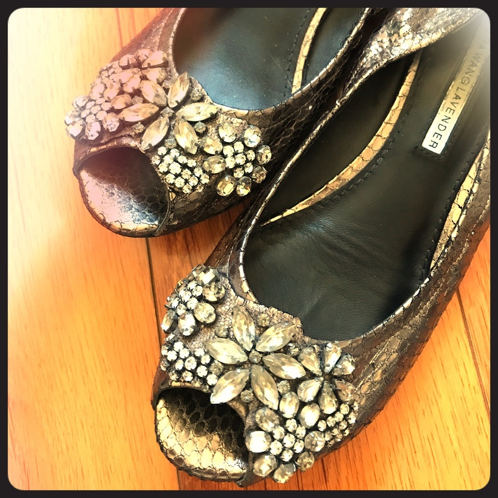 Vera Wang Jeweled Flats Snakeskin